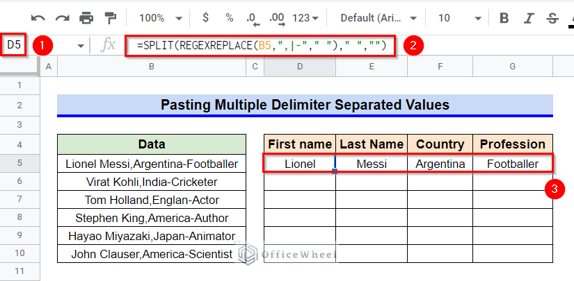 Combining SPLIT and REGEXREPLACE Functions to Paste Multiple Delimiter Separated Values in Google Sheets