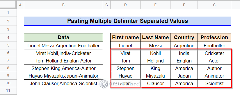 Final Output After Using a Combination of SPLIT and REGEXREPLACE Functions to Paste Multiple Delimiter Separated Values in Google Sheets