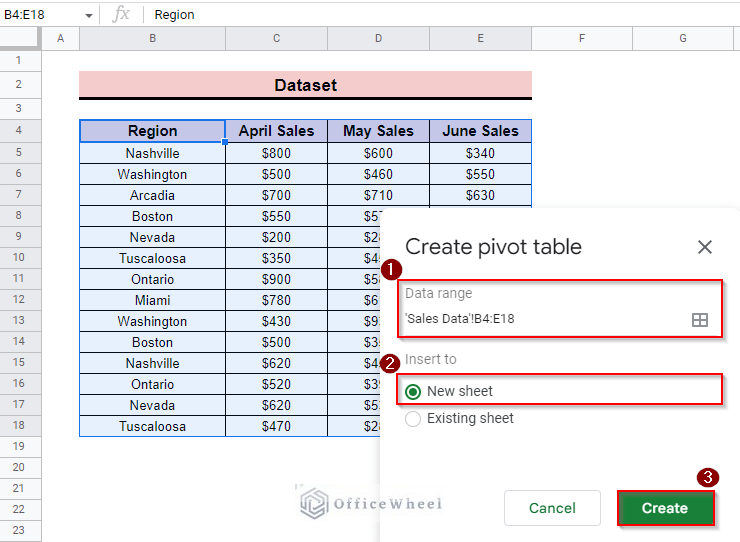 insert range and set different sheet for the pivot table