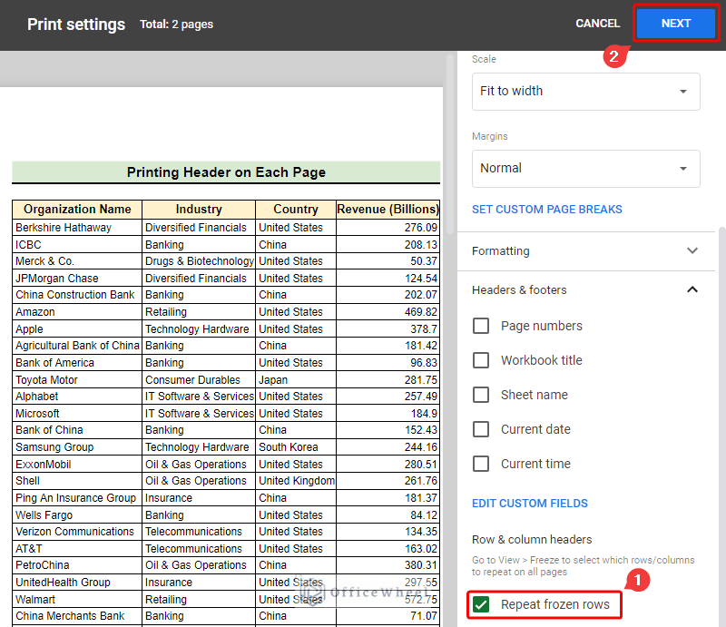 How to print header on each page in Google Sheets