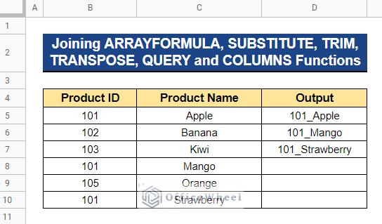 Output after Joining ARRAYFORMULA, SUBSTITUTE, TRIM, TRANSPOSE, QUERY, and COLUMNS Functions