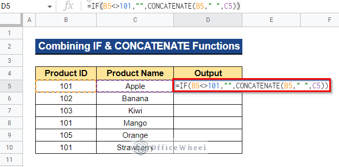 Combining IF and CONCATENATE Functions to Concatenate Two Columns in Google Sheets