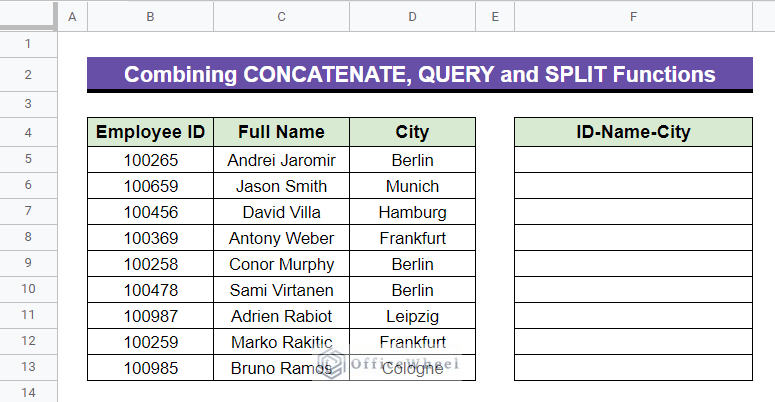spreadsheet for the application of Combined CONCATENATE, QUERY and SPLIT Functions in google sheets