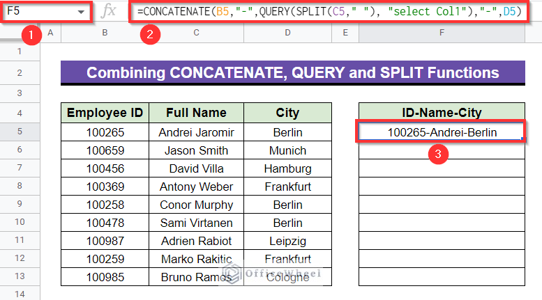 application of Combined CONCATENATE, QUERY and SPLIT Functions in google sheets
