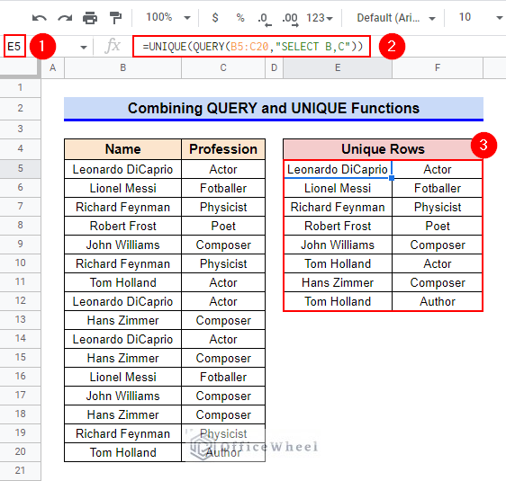 Combining QUERY and UNIQUE functions to Return Unique Rows in Google Sheets