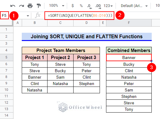Joining SORT, UNIQUE and FLATTEN Function to Query Unique Cells from Multiple Columns in Google Sheets