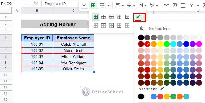 select red color from the swatch to add red border around cell in google sheets