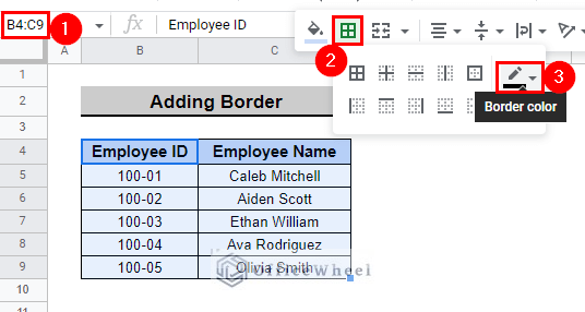 select border color from border menu to add red border around cell in google sheets