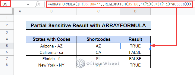 Partial case sensitive REGEXMATCH with ARRAYFORMULA in Google Sheets