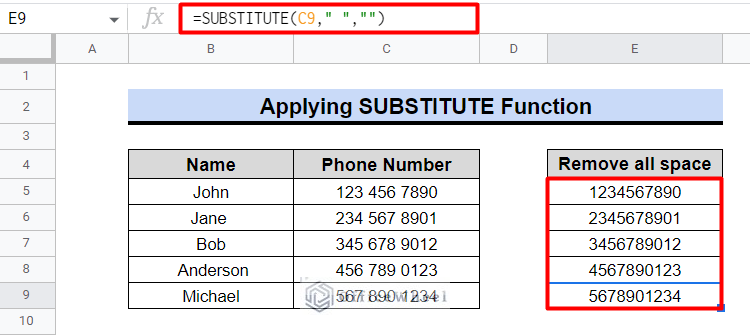 how to remove all spaces between words in google sheets using substitute function