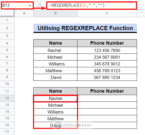normal usage of regexreplace function in google sheets