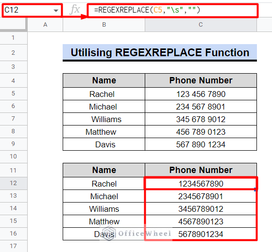 using regular expression of regexreplace function to remove spaces between words in google sheets