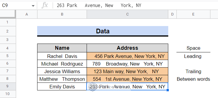 data from removing trailing, leading and spaces between words in google sheets