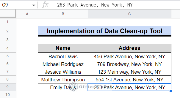output after using data clean up to remove spaces between words in google sheets 