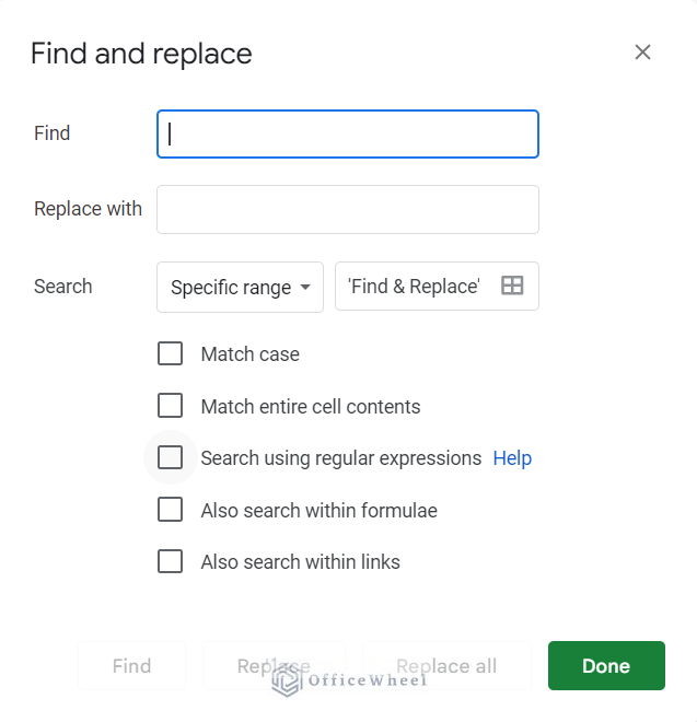 find and replace dialogue box in google sheets