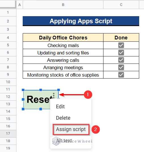Assigning Script Code to The Button to Reset Checkboxes Daily in Google Sheets