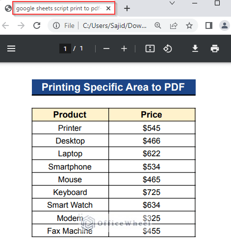 Output of Printing Specific Area to PDF