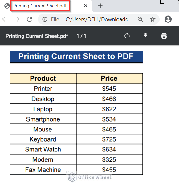 Output of Printing Current Sheet to PDF