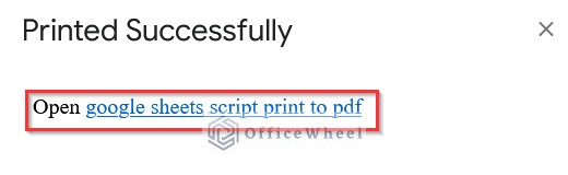 Selecting Open Google Sheets Script Print to PDF Option