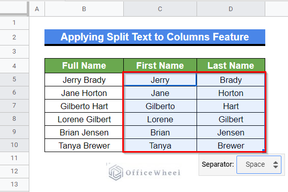 The final output after applying Split Text to Columns Feature