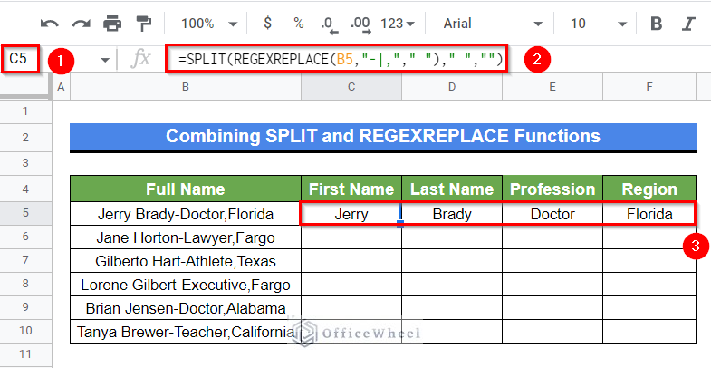Combining SPLIT and REGEXREPLACE Functions to Split a String with Multiple Delimiters in Google Sheets