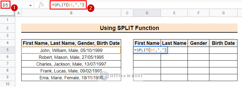 Entering the formula using the SPLIT function to split cell by comma in Google Sheets