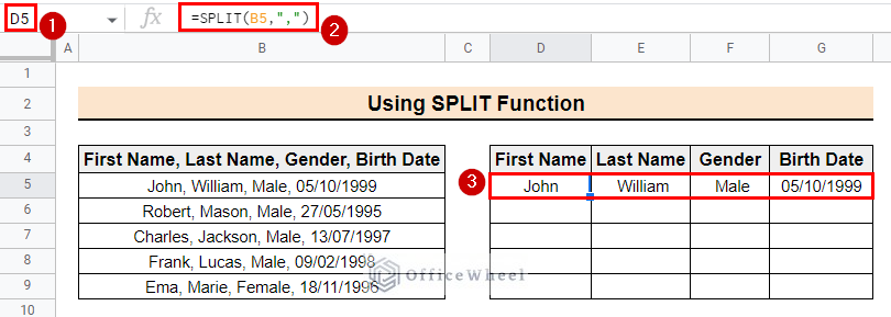 Result of using the SPLIT function to split cell by comma in Google Sheets