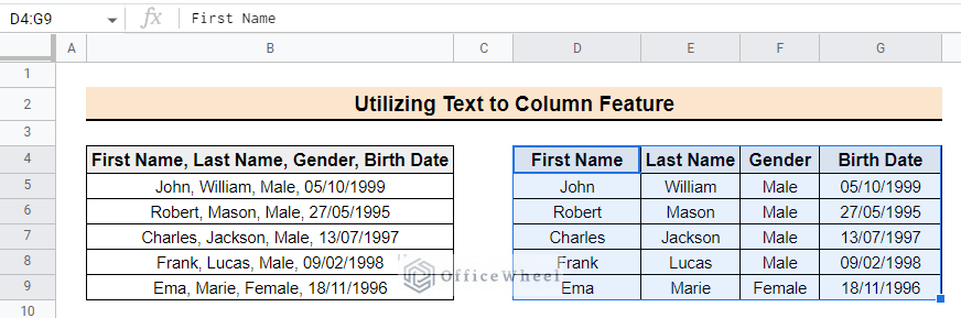 Final output to use Text to Column feature to split cell by comma in Google Sheets