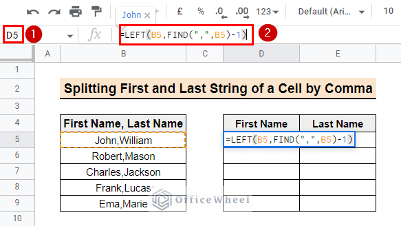 Using functions LEFT and FIND to split cell by comma in Google Sheets