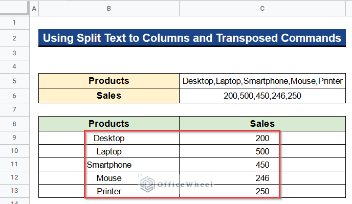 Output of Using Split Text to Columns and Transposed Commands for Multiple Cells