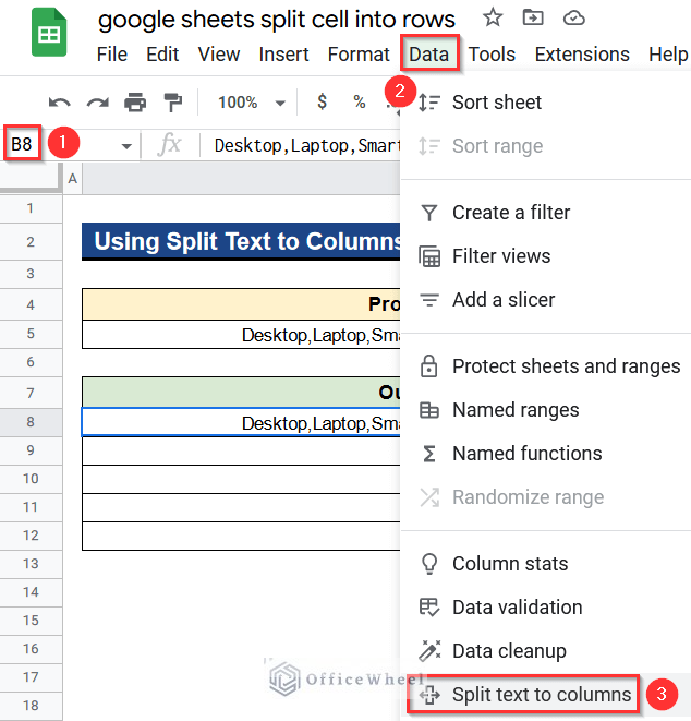 Selecting Split Text to Columns Tool to Split Cell into Rows in Google Sheets