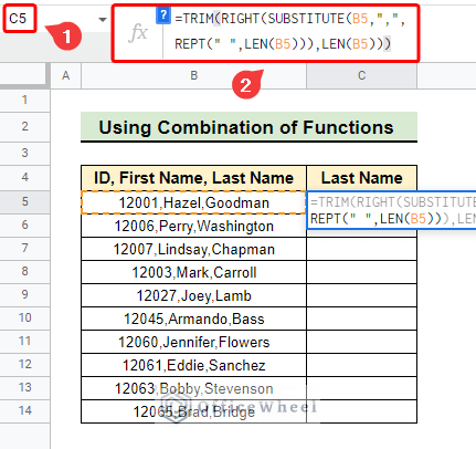 Combination of various functions to split and get last element in Google Sheets