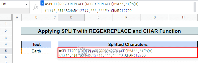 formula used to split a string into character arrays in google sheets