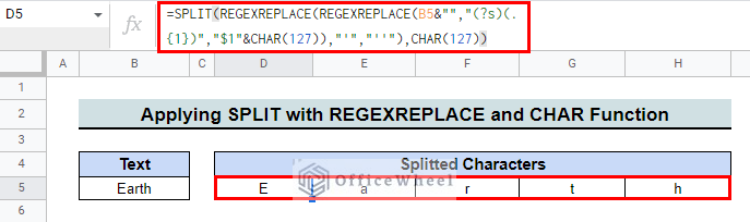 final result after using split, regexreplace and char functions to split a string into characters in google sheets