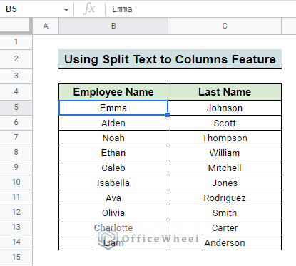result after using text to columns to split string into array in google sheets