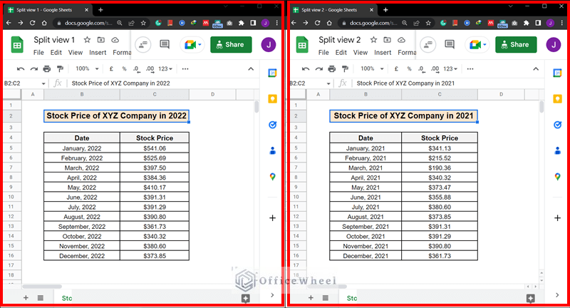 The final output for Google sheets split view