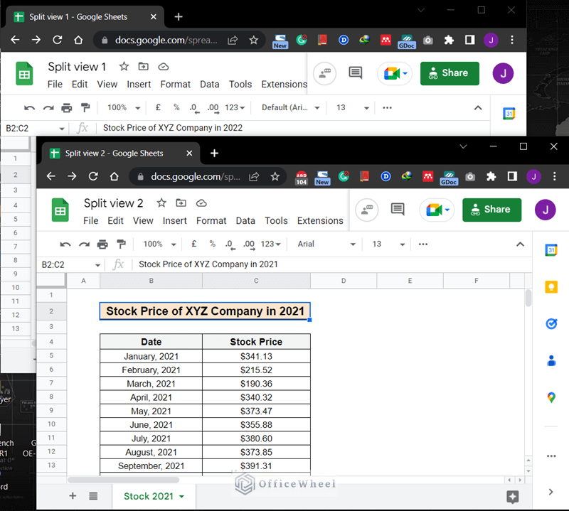 Opening the spreadsheets in different tabs of the browser