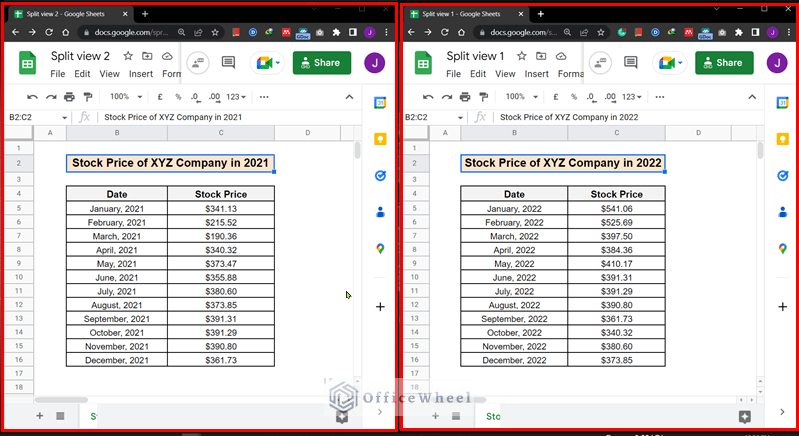 The final output of Google Sheets split view