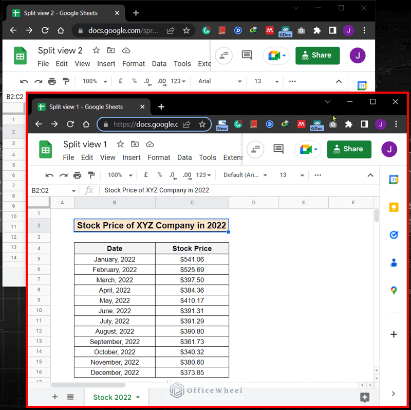 Selecting the Split view 1 spreadsheet to split the view