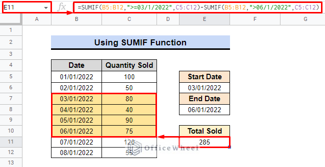final result of using sumif in google sheets between two dates