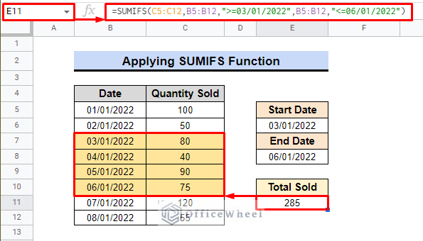 applying sumifs function in google sheets between two dates