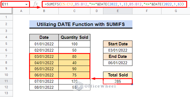 final output for date function with sumifs function