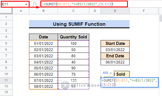 first step of using sumif function between two dates in 