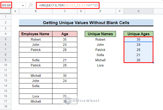 outcome of google sheets unique without blanks for numeric values