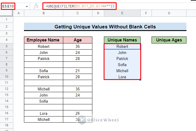 outcome of google sheets unique without blanks for text values