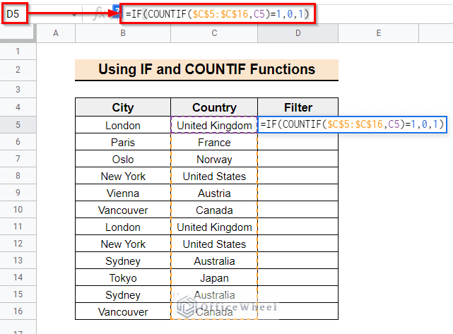 google sheets remove unique values using IF and COUNTIF functions