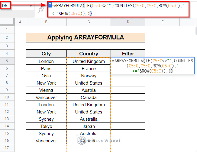 google sheets remove unique values using ARRAYFORMULA function