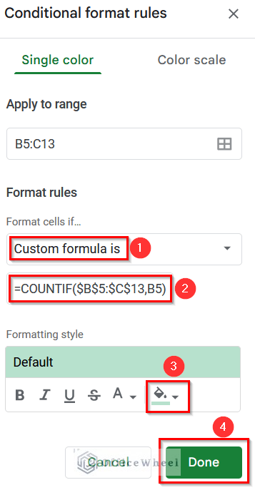 Inserting COUNTIF Function to Highlight Unique Values in Google Sheets