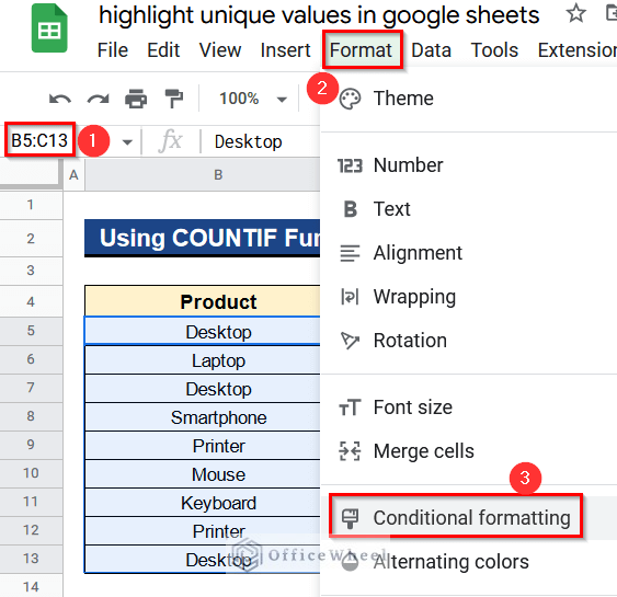 Using COUNTIF Function with AND Operator to Highlight Unique Values in Google Sheets