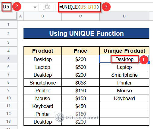 Using UNIQUE Function to Highlight Unique Values in Google Sheets
